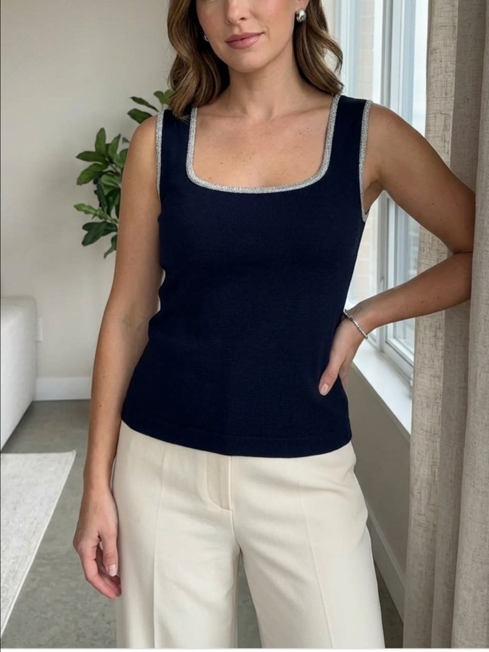 St. John Navy Santana Knit Square Neck Tank Top Silver Metallic Studded Trim